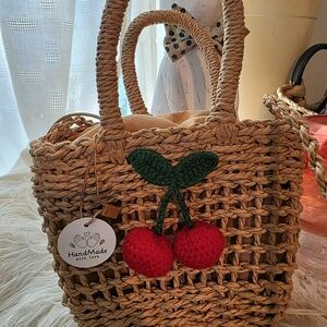 Handmade Straw Tote Bag with Cherry Design